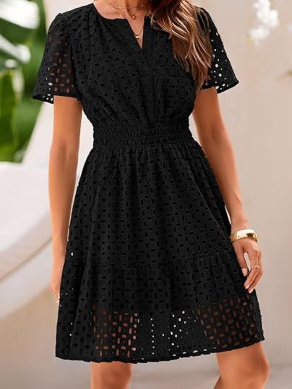PRETTYGARDEN Black Dress w/ Fitted Waist and Hollowed Out Lace